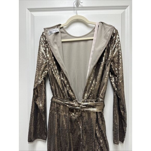Mac Duggal Size 10 Taupe Sequin Embellish Long Sleeve Mini Cocktail Dress - Picture 6 of 8